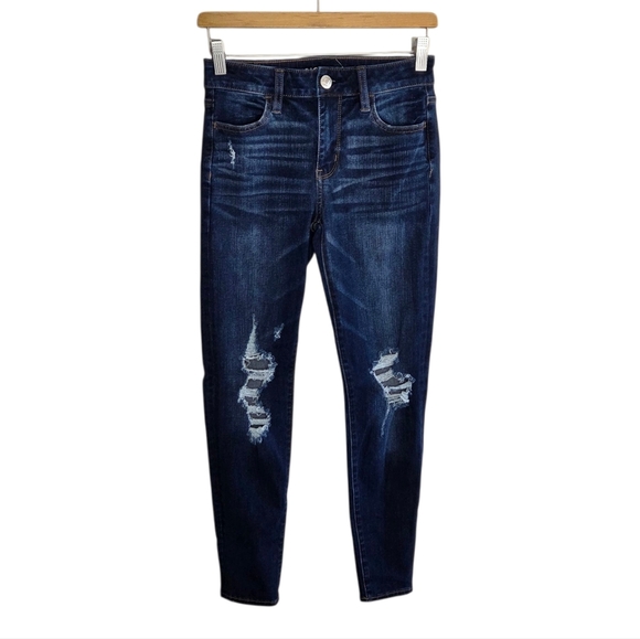 American Eagle | Distressed Hi-Rise Jegging Dark Wash Skinny Jeans Size 0 Short - Picture 1 of 8